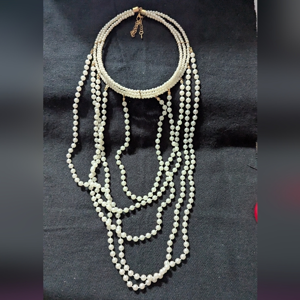 Gold Tone White Faux Pearl Choker With Draped Front Statement Necklace